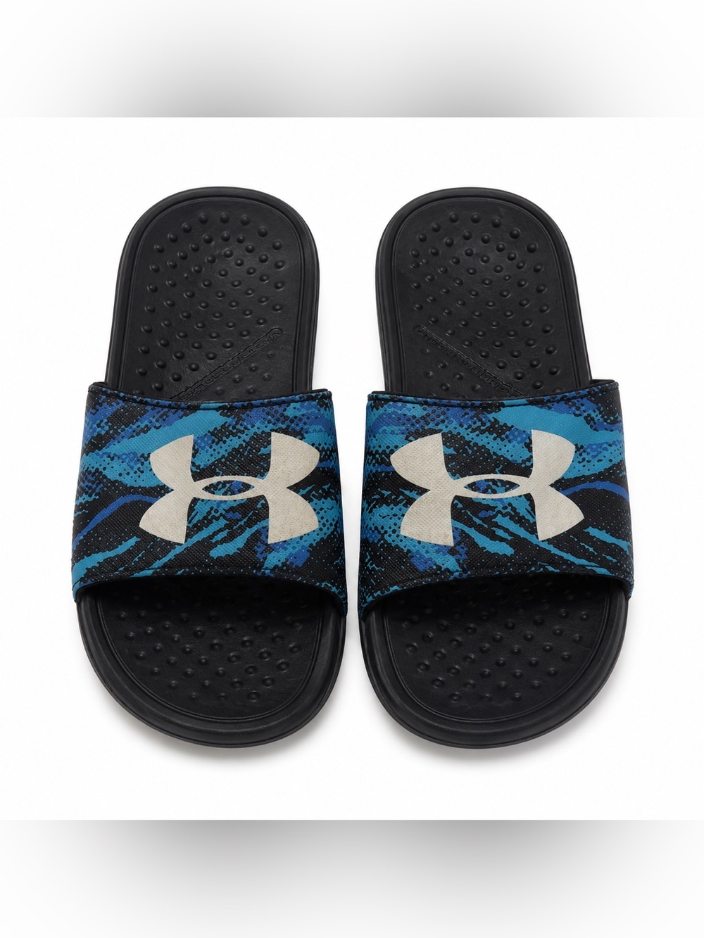 Under Armour Black Slides with Blue Pattern